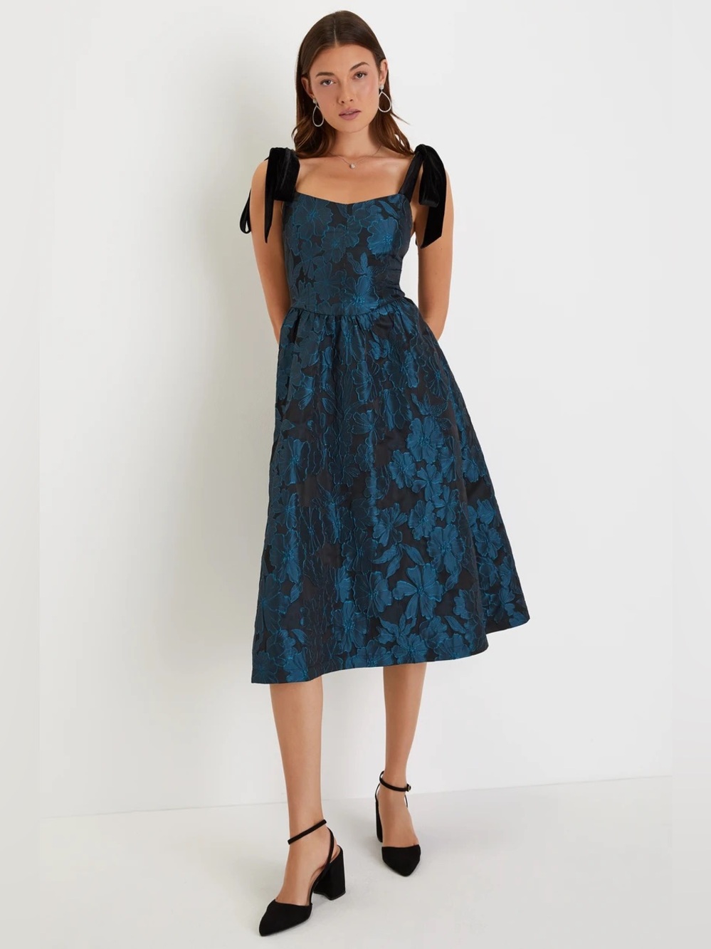 Lulus Beyond Graceful Black Floral Jacquard Velvet Tie-Strap Midi Dress